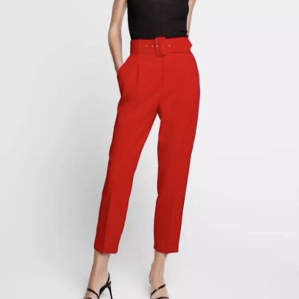 ZARA WOMEN HIGH WAISTED PANTS WITH FABRIC-COVERED BELT NEW RED 4387/630 S M L